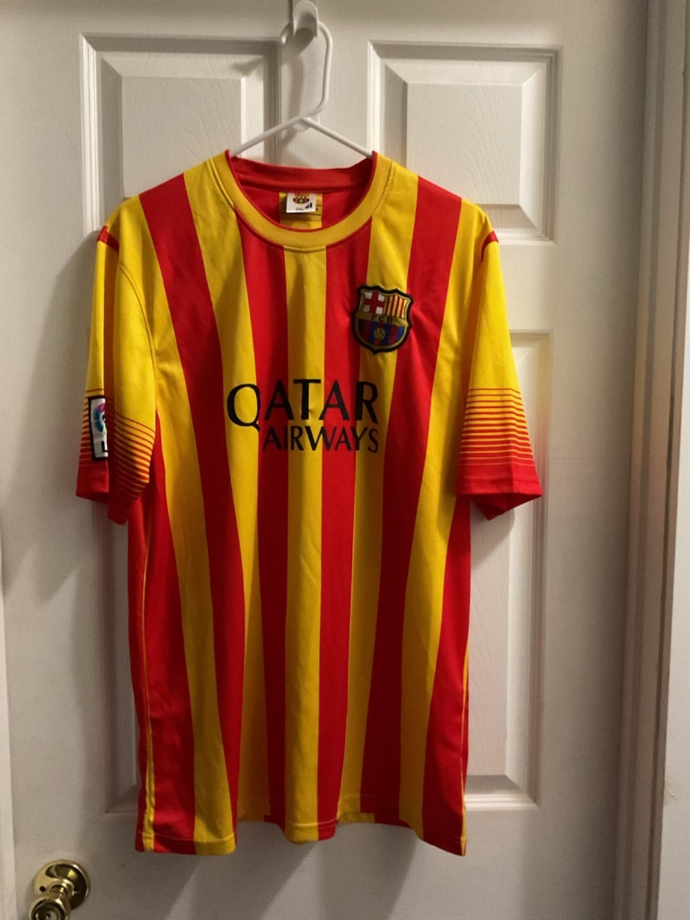 Lionel Messi - Men's FC Barcelona Replica Away Jersey - Yellow & Red Stripes